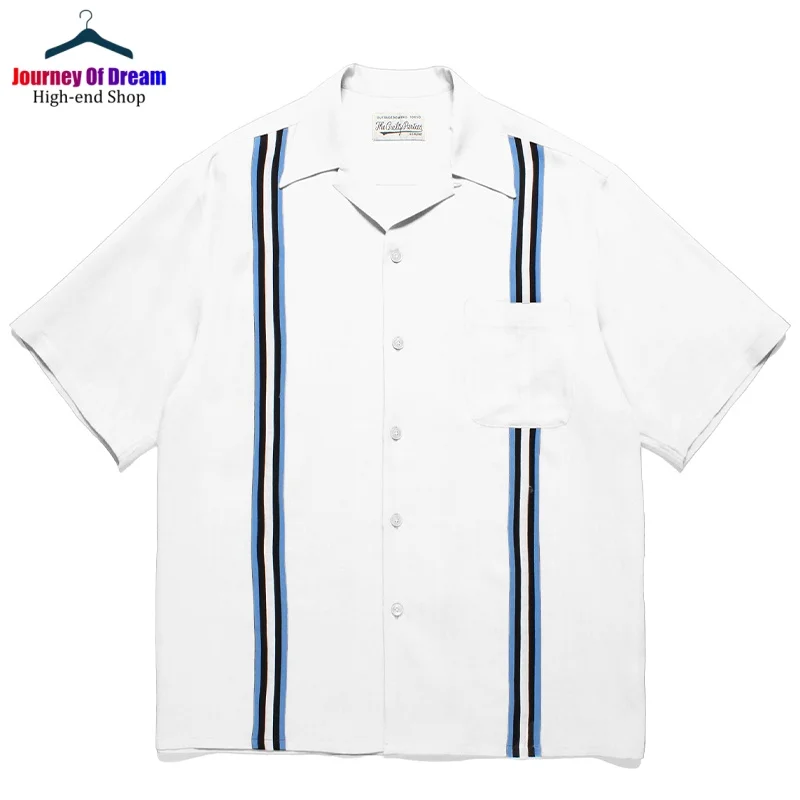 Summer 24SS Best Quality WACKO MARIA Mens Womens Striped Tape Colorblocked Cuban Neck Hawaiian Short Sleeve Shirt