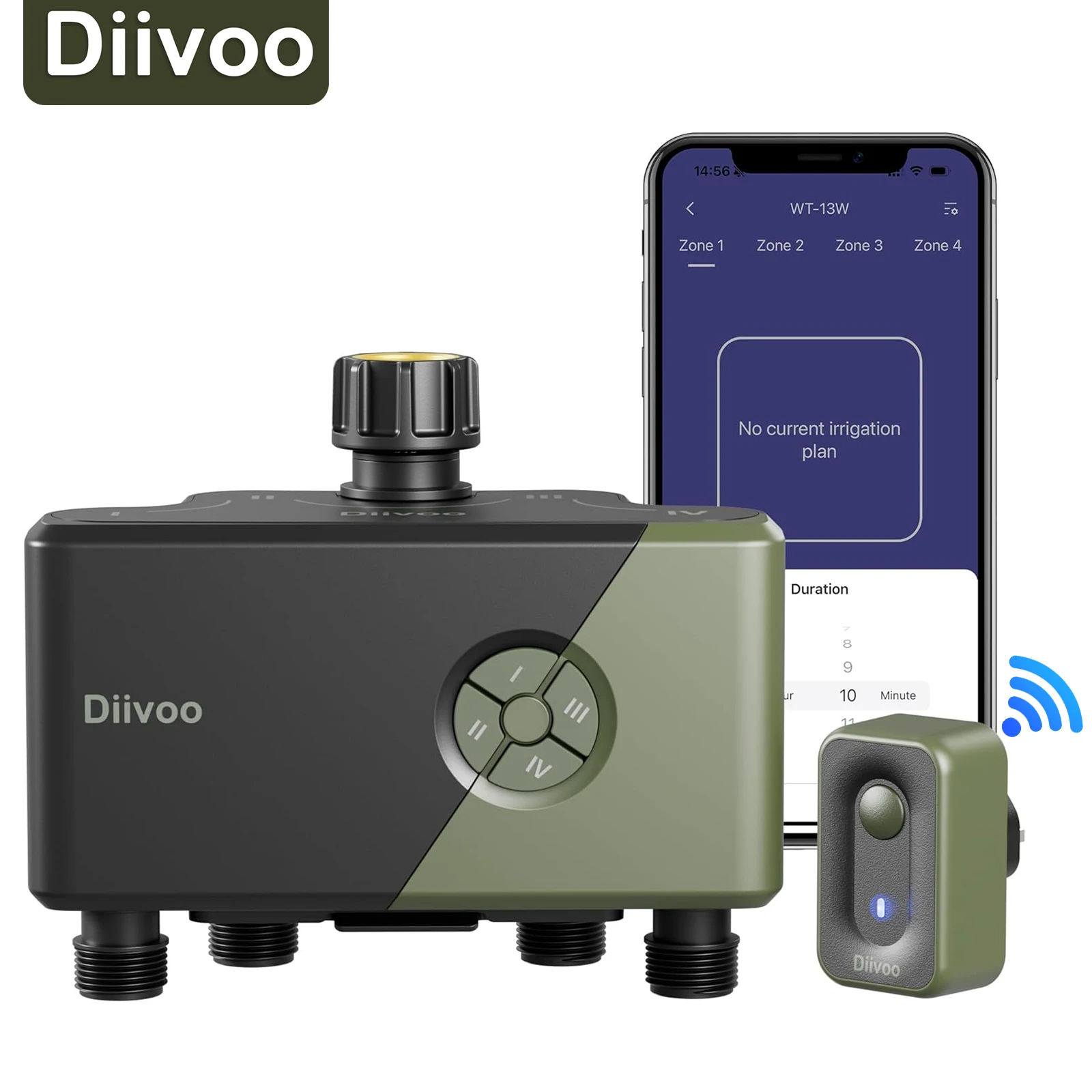 

Diivoo Garden WiFi Watering Timer 4 Zones Automatic Irrigation Timer Watering Systems Controller with Rain Delay Manual Watering