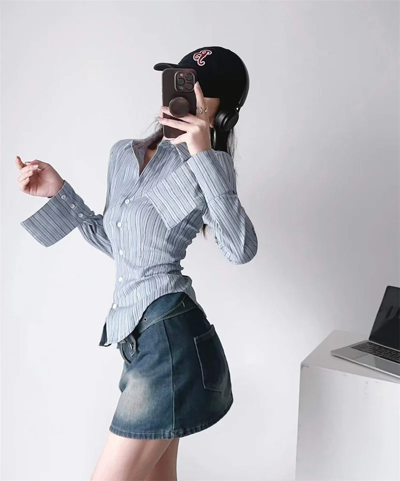 

Облегающий крой в полоску с изогнутой талией, модный базовый слой, топ Street Sle Long Sve ort Length, чистый цвет