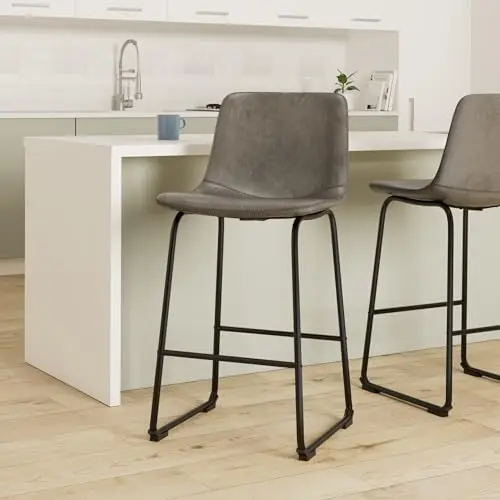 Bar Stools Set of 2, 30inch Bar Height Bar Stools with Back, Modern Faux Leather Stools with Metal Legs and Footrest (Grey)