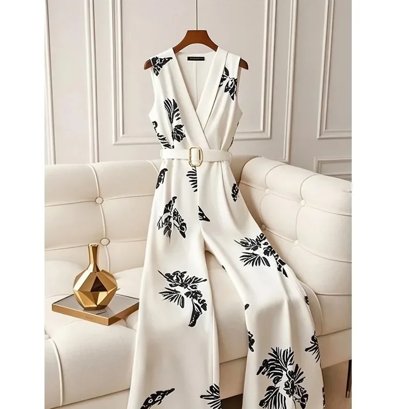 Jumpsuit Leher V Tanpa Lengan Gaya Vintage Perancis Elegan Wanita Musim Panas 2025 dengan Celana Kaki Lebar Motif Bunga Mewah Pinggang Berikat