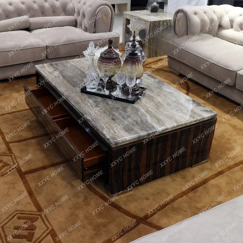 A Natural gray hole stone coffee table TV cabinet Modern rectangular black sandalwood living room furniture can be customized