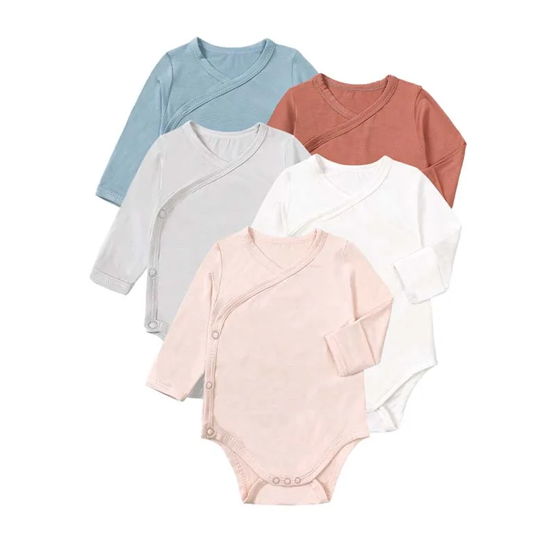 Baby Clothing 0–24 Months Bamboo Fiber Bodysuits Long Sleeves Solid Color Diagonal Onesies Newborn Boys Girls Clothes