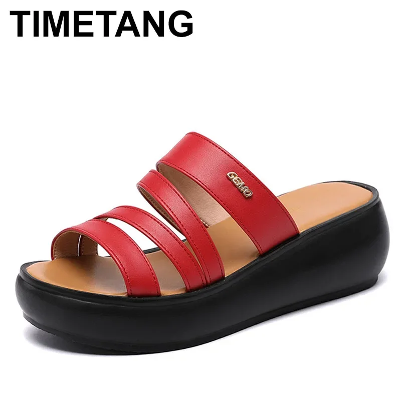 TIMETANG  Plus Size 32-43 Mid Heels Leather Slippers Women Shoes Summer Open Head Platform Slippers Ladies Slides