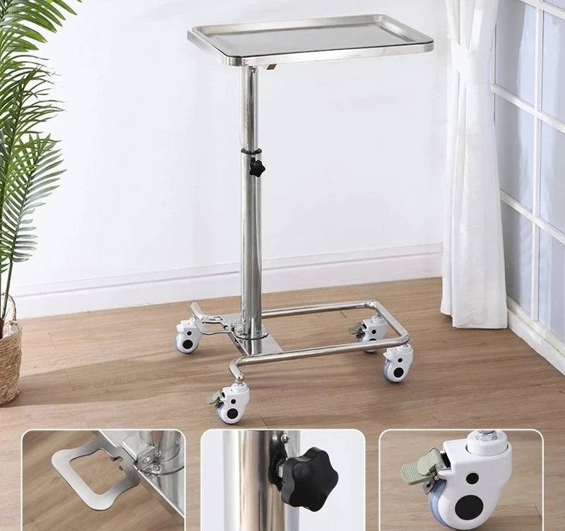 Pet Clinic Carrier Stainless Steel Mayo Trolley with Adjustable Height, Foot Operated Medical Instrument Tray Cart with Wheels