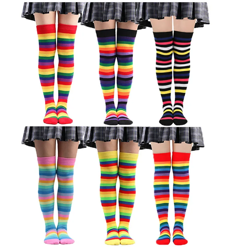 Rainbow luck Striped Over The Knee High Socks Colorful Sexy Night Dance Street Personality Thigh Long Tube Women Sock