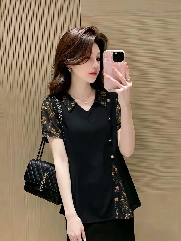 Elegant V-Neck Short Sleeve Shirt Women's Fashion Summer New plus Size Slimming Trendy Top Korean Style Commute Wind Loose Fit
