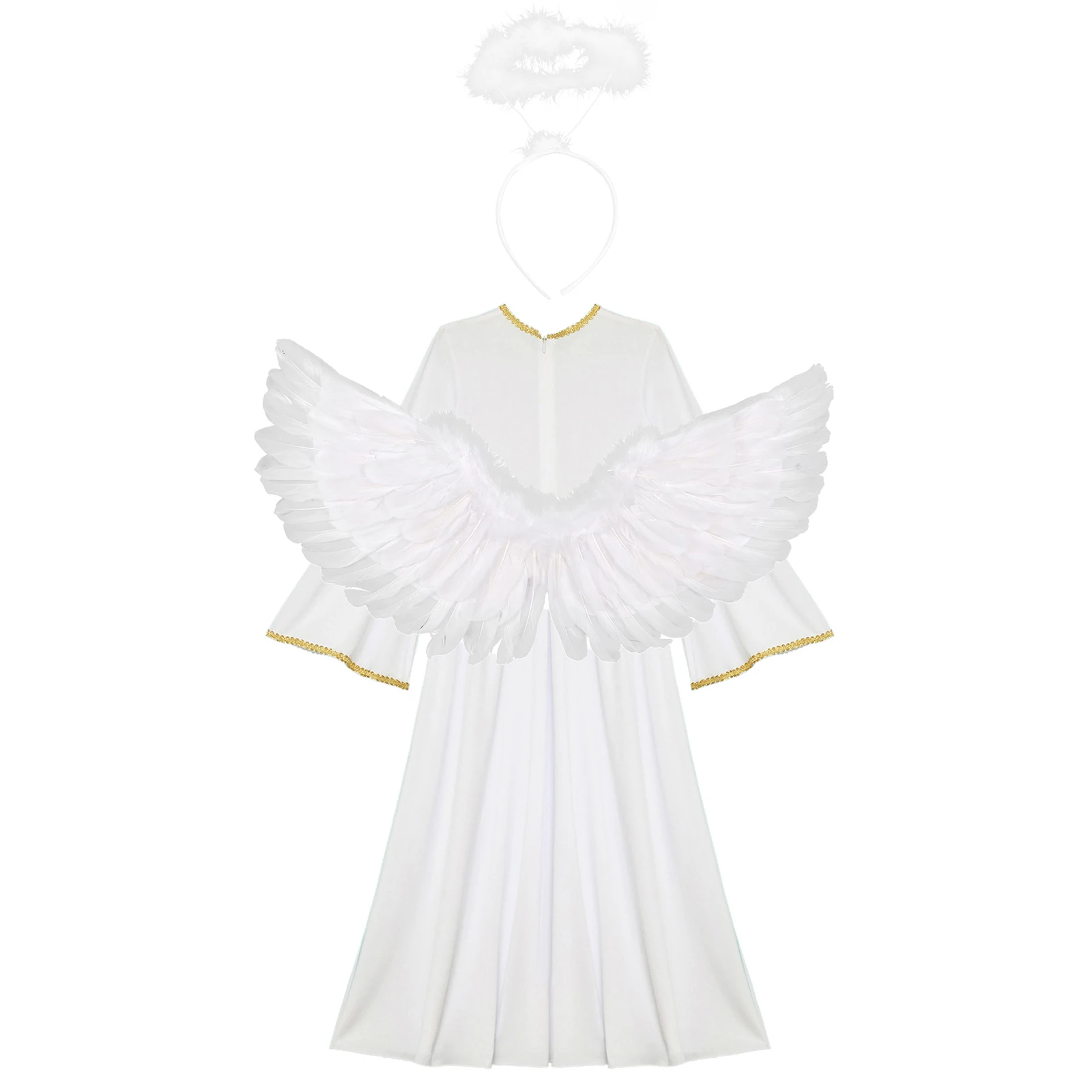 3 قطع من أزياء الملاك للفتيات لعيد الميلاد فستان تنكري بأكمام طويلة مع رباط شعر من الريش وأجنحة للحفلات ذات الطابع الشخصي #5