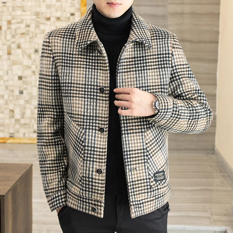 

Autumn Winter Wool Men Classic Jacket Plaid Slim Business Casual Short Coat Trench Social Windbreaker Male Clothing 2023 Z157