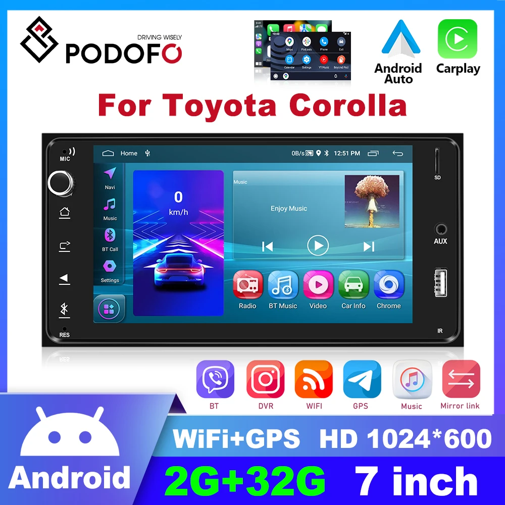 

Podofo Android 2 Din Car Radio Stereo Carplay Multimedia Video Player For Toyota Corolla GPS Mirror Link FM Radio AUX USB Rear