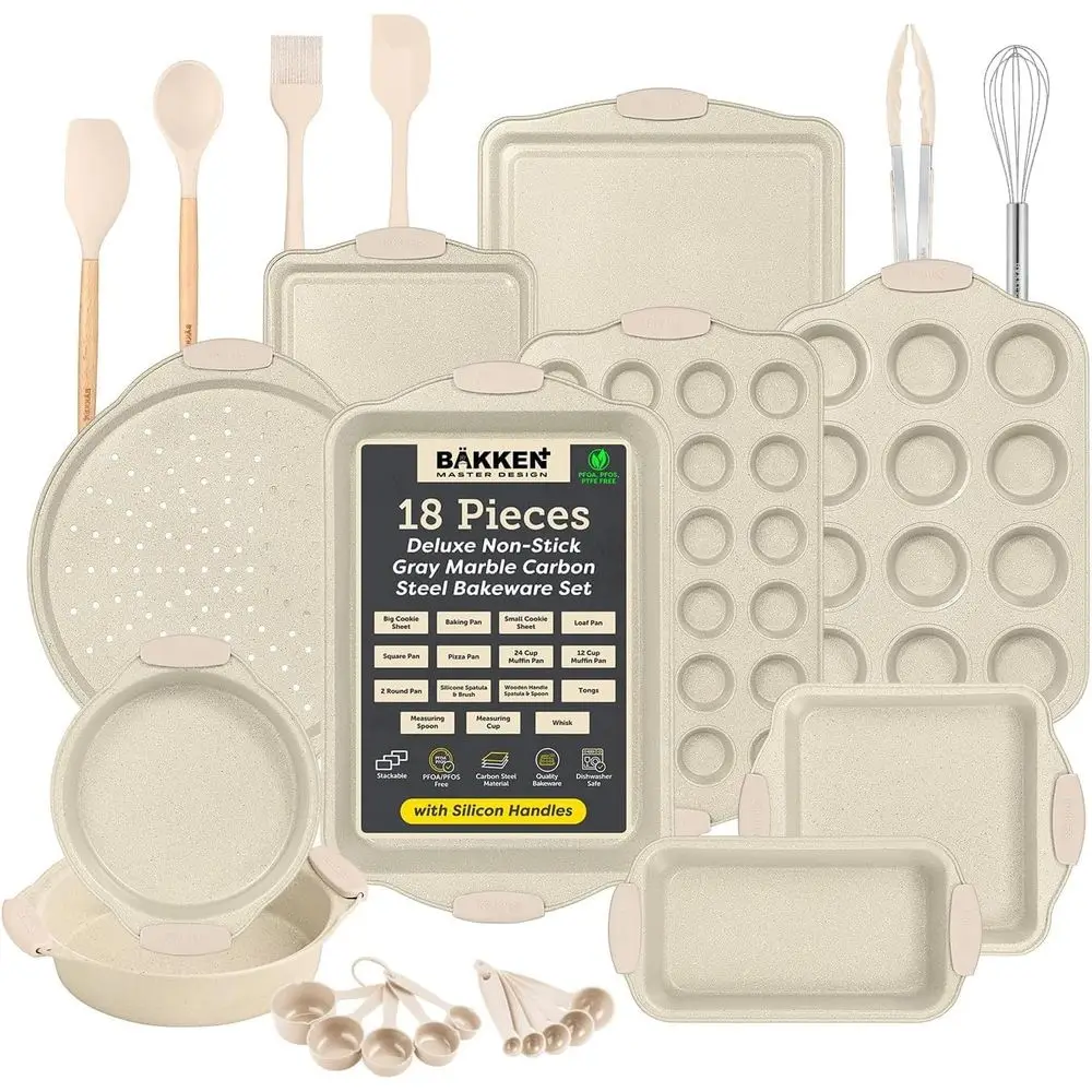 

Набор форм для выпечки премиум-класса из 18 предметов с белым мраморным покрытием и силиконовыми ручками, безопасный в духовке до 446 ° F, включая инструменты для выпечки