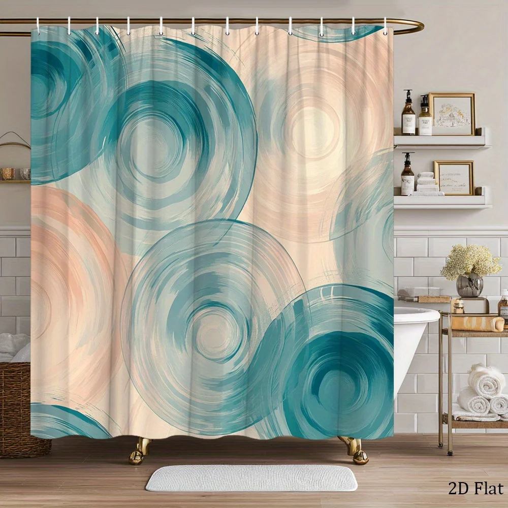 

Минималистичная абстрактная занавеска для душа с кругами – бирюзово-персиковый/кремовый, 71×71 дюймов, полиэстер, 12 крючков, можно стирать в машине