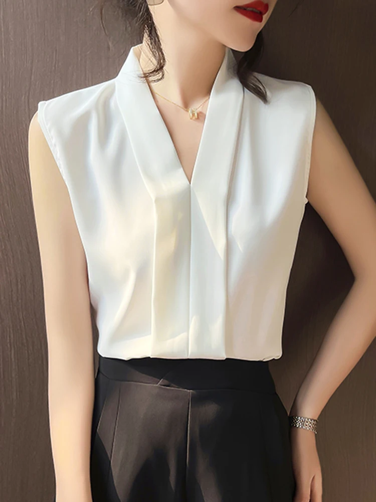 2024 Summer Office Lady Style Shirts Women Sleeveless Women Blouse Shirts Tops Elegant Tops Blusas Femme Blouses Black White