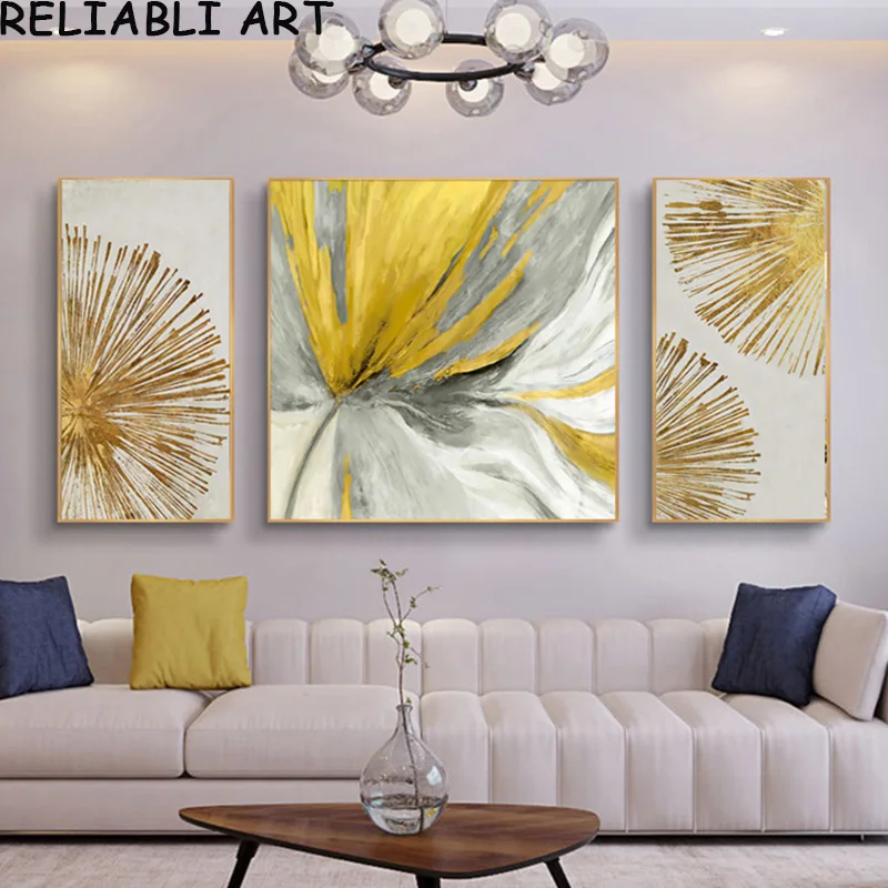 

Nordic Abstract Golden Leaf Flower Poster and Prints, Canvas Painting, Wall Art for Living Room, Office, Home Decor, 3 Panels