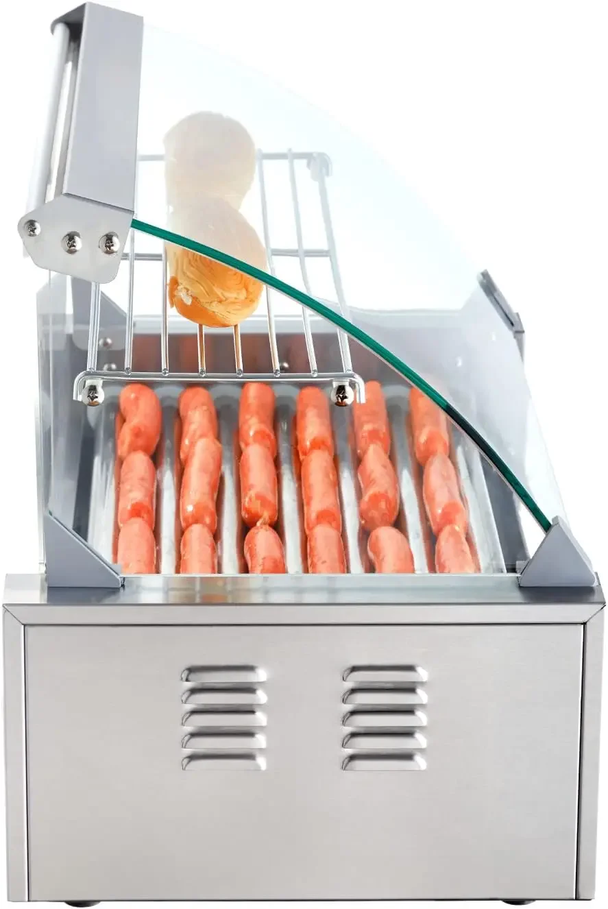 Hot Dog Roller 7 Rollers 18 Hot Dogs Capacity Stainless Sausage Grill Cooker Machine with Dual Temp Control Glass