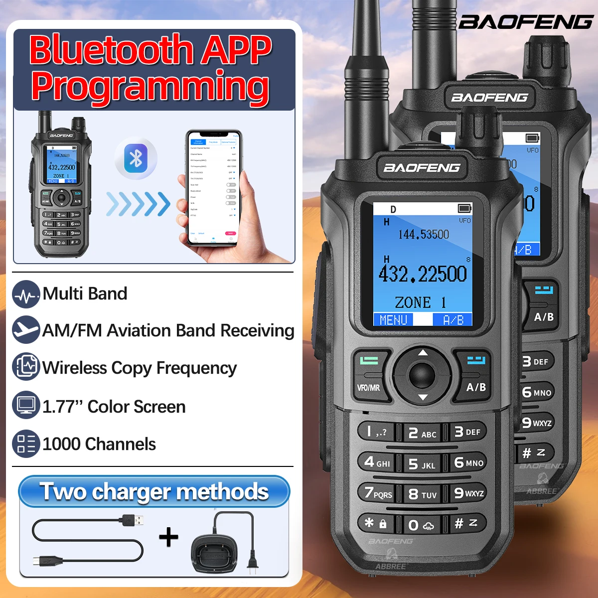 

2PCS BAOFENG UV-21M Walkie Talkie Multi Band 1000CH Bluetooth App Programming NOAA AM Receiving for UV-21 PRO Two Way Ham Radio