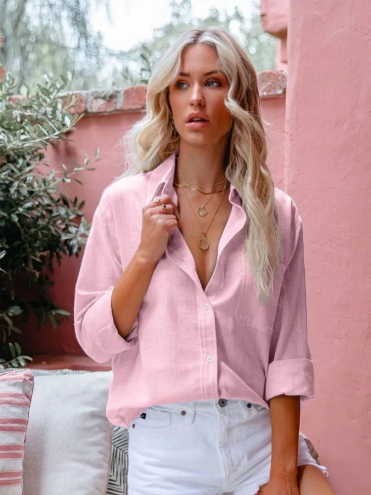 

GELITAYIN Casual Cotton Linen Blouse Women Long Sleeve Button Up Shirt Women Loose Blouses Elegant Solid Office Shirts Tops Fash