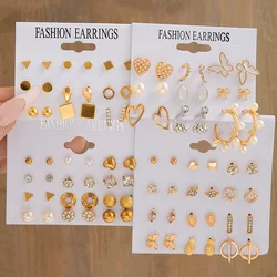 Vintage Gold Color Heart Butterfly Earrings Set for Women Girls Trendy Pearl Geometric Crystal Ear Stud Earring Simple Jewelry