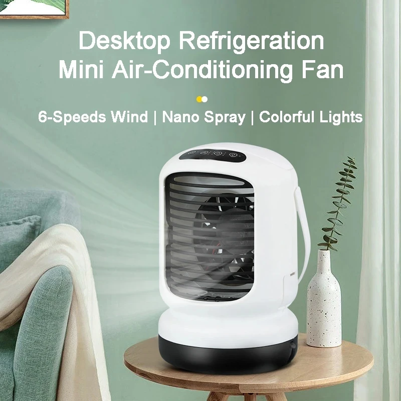 

Desktop Portable Fan Mini Air Conditioner 6-Speed Mute 1000ml Water Tank Moisturizing Spray Night Light Home Mobile Air Cooler