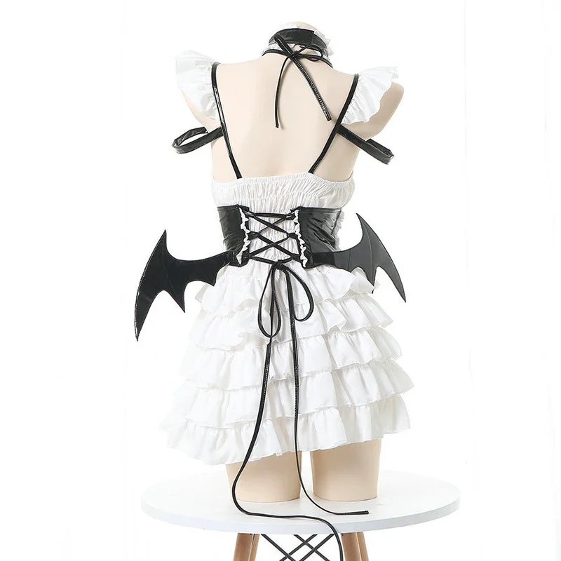 Gothic Lolita Little Devil Cosplay Dress, Cinta de babados fofa, Mini vestidos sem encosto com asa, trajes de Halloween para meninas