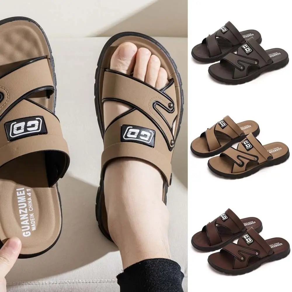 

Модные однотонные тапочки на толстой подошве, пляжная одежда из искусственной кожи, сандалии-шлепанцы, мужская обувь, нескользящие сандалии с пряжками на щиколотке, домашние сандалии