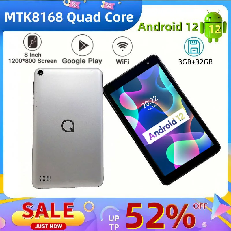 

New QP80 8 INCH Android 12 Tablet MTK8168 Quad Core 3GB RAM 32GB ROM 1280 x 800 Pixels Type-C 5.0MP+13.0MP Camera Support GPS