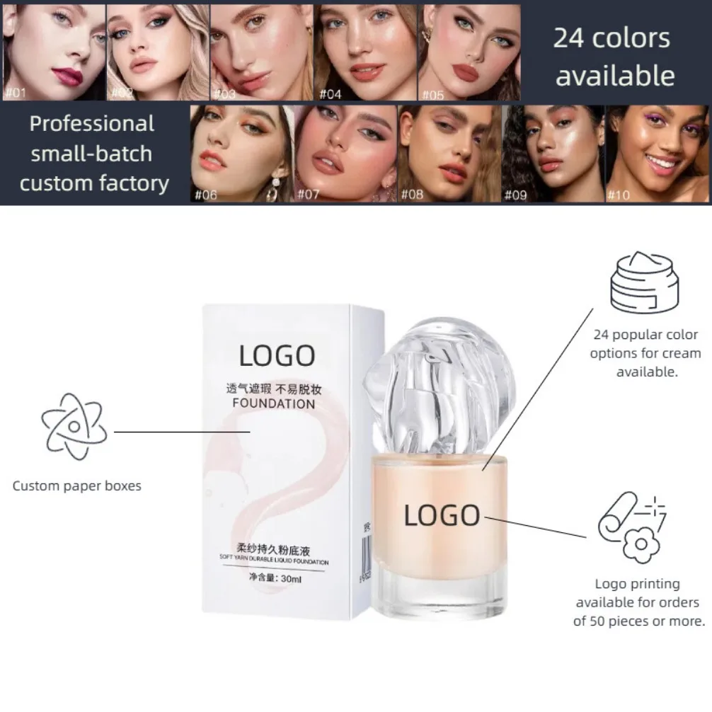 Fond de teint à couverture complète, marque privée végétalienne, 24 couleurs, longue durée, haute couverture, Logo personnalisé, cosmétiques, vente en gros