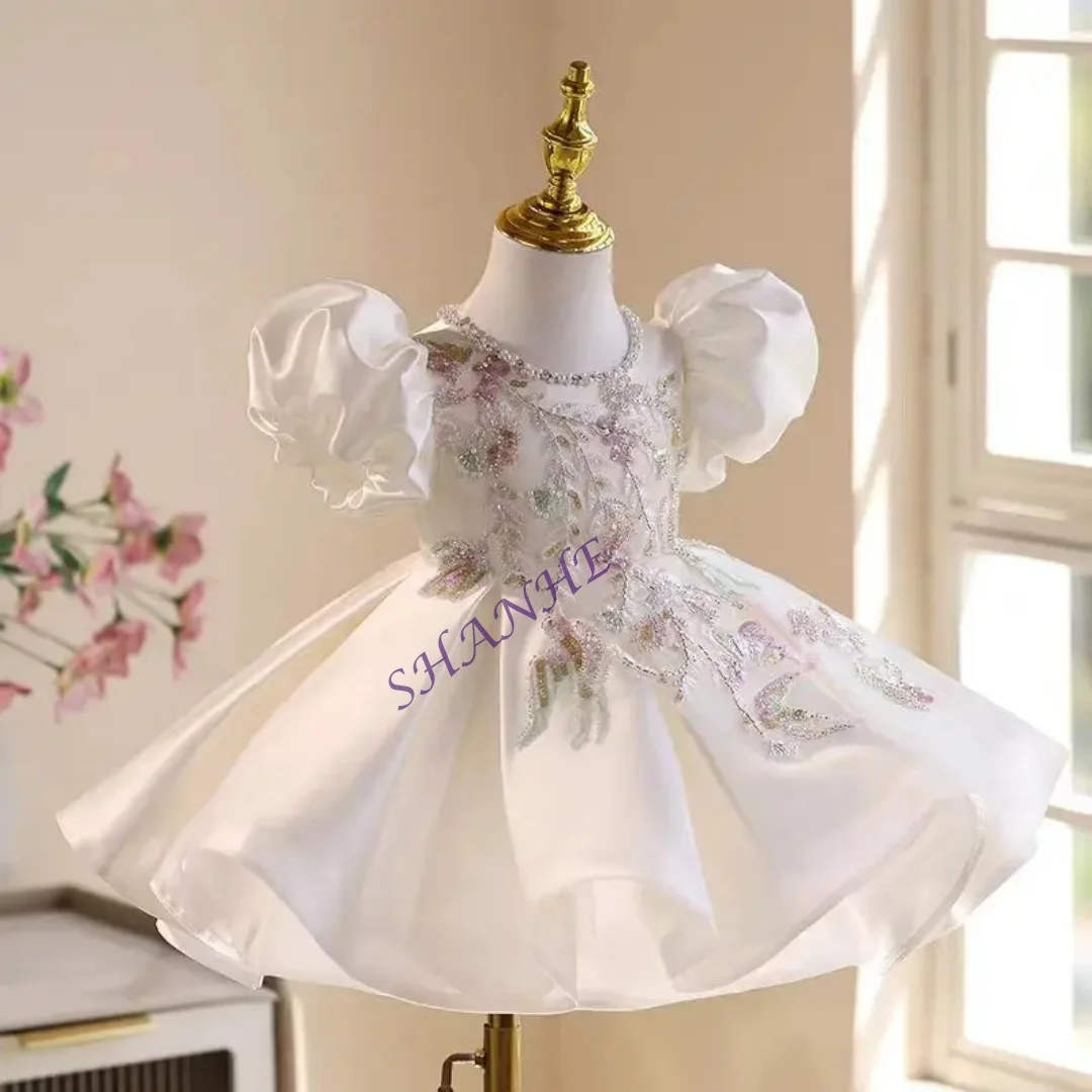 Elegant Dubai Pink Girl Dress 3D Flowers with Hairband for Kids Wedding Birthday Communion Party Pageant