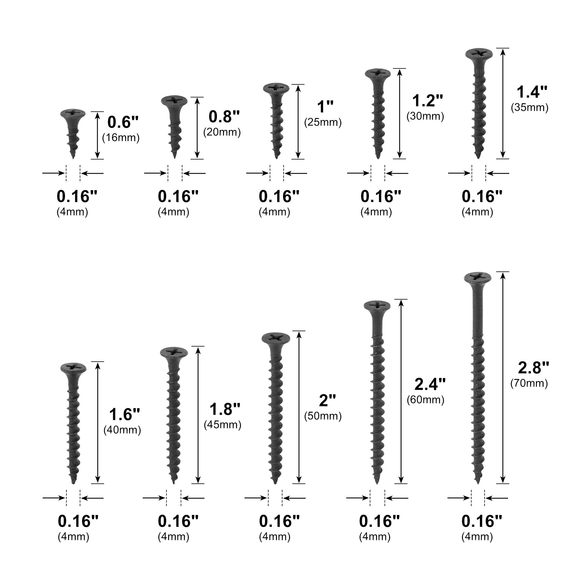 20pcs M4 16-70mm Iron Black Carpentry Screws Flat Head Phillips Self-tapping Screw Wood Fixing Screws for Furniture Assembly