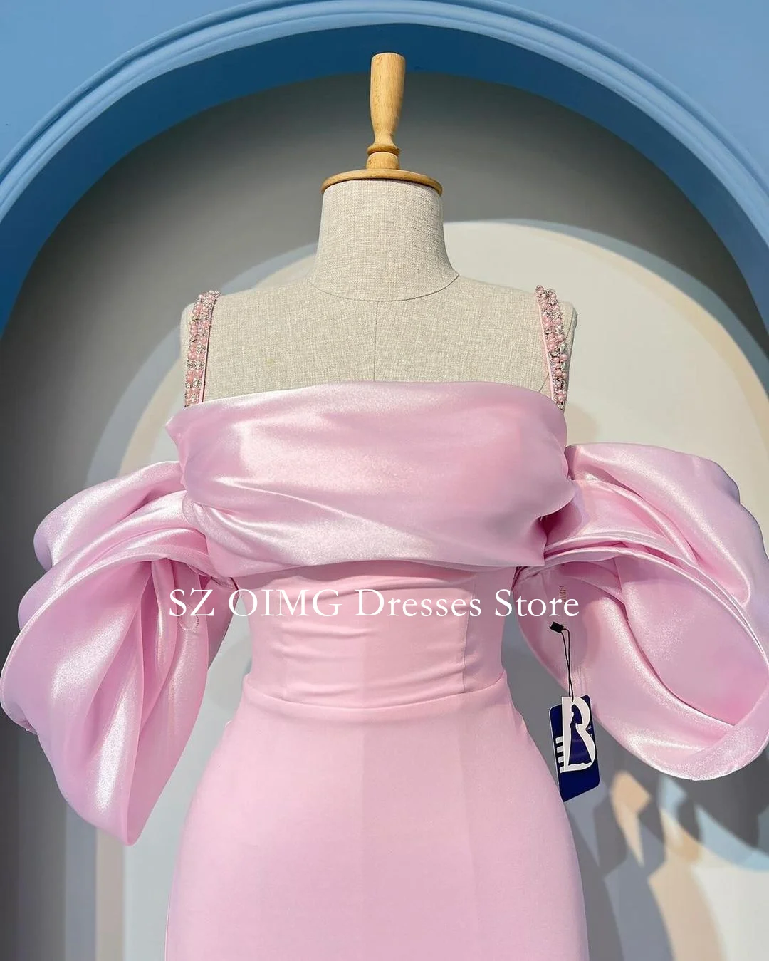 OIMG New Design Spaghetti Straps Prom Dresses Saudi Arabic Women Customized Pink Satin Split Evening Gowns Formal Party Dress