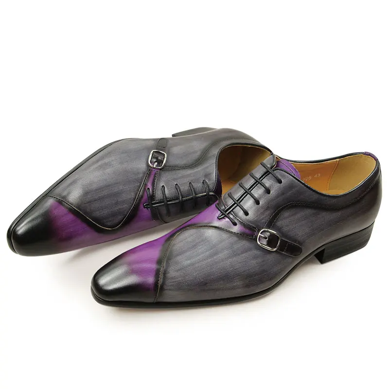 Men Leather Shoes High Quality Oxford Lace Up Side Metal Buckle Gray Purple Color Matching Handmade Business Office Formal Shoes