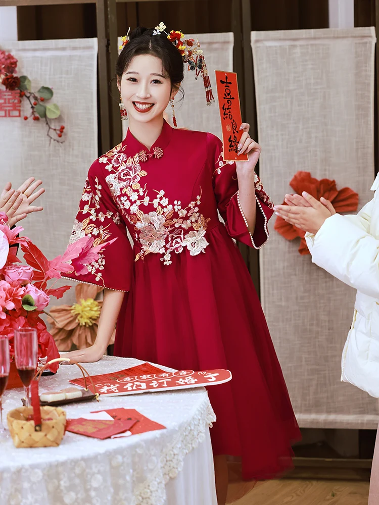 

New Chinese Sle Wedding Dr Materni Summer Gown Ele Embroidered High Waist Puffy Skirt ort Length Cotail Dr