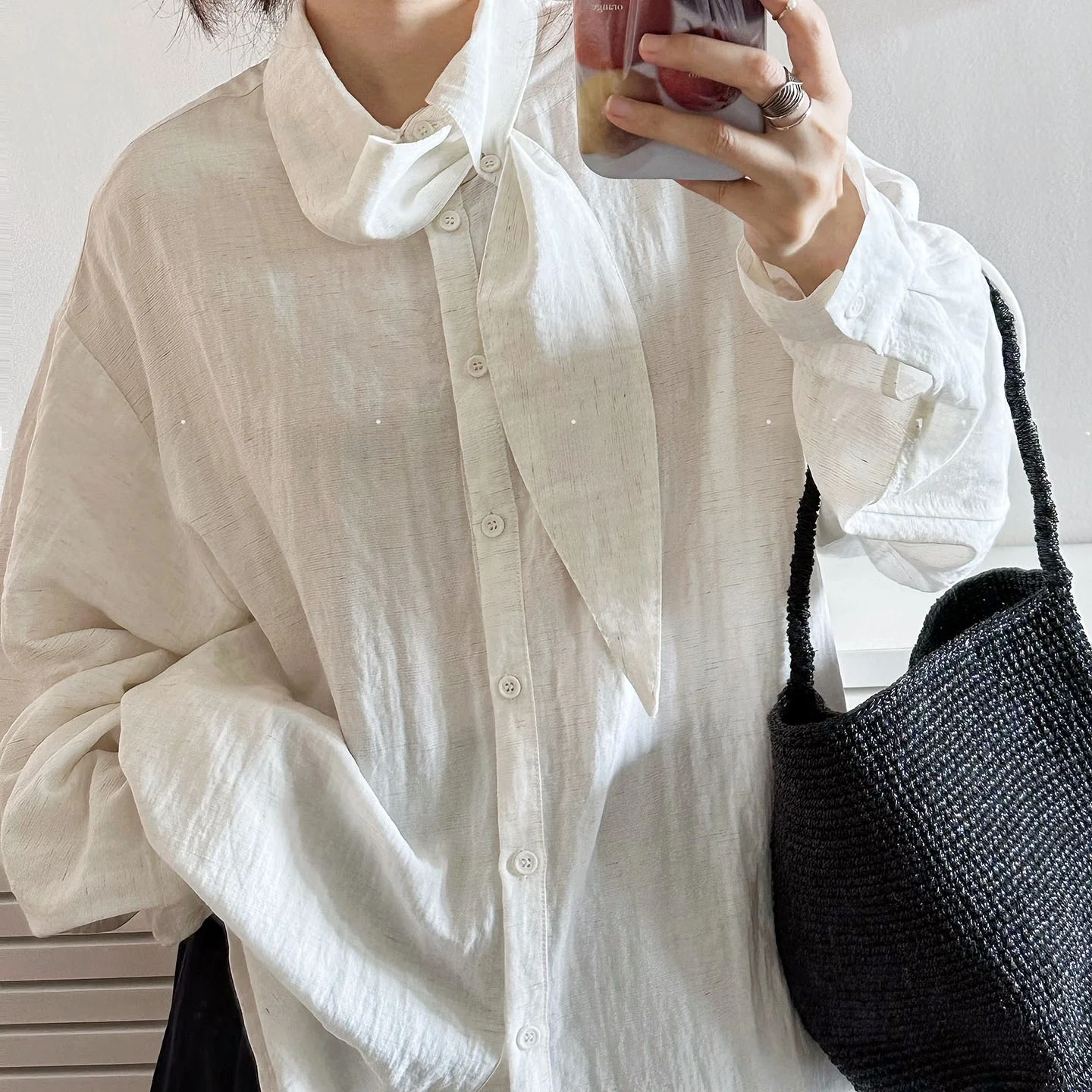 

Loose Fit Cotton Linen irt Women Long Sve Slimming Effect Small Bow Tie Casual irt Comfortable Feeling Spring 2026