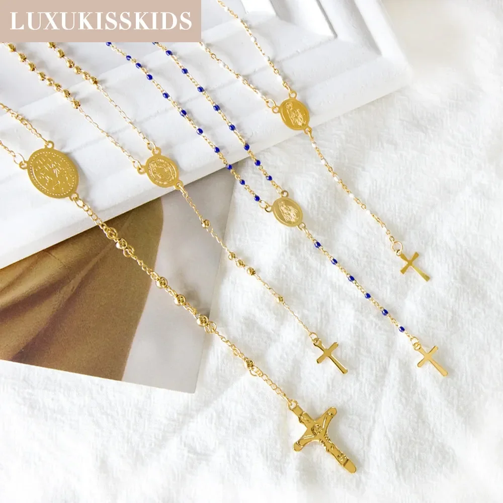 LUXUKISSKIDS Rosary Beads Christianity Necklaces Jesus Long Chains For Woman/Man Cross Pendants Steel Christian Jewelry Prayer