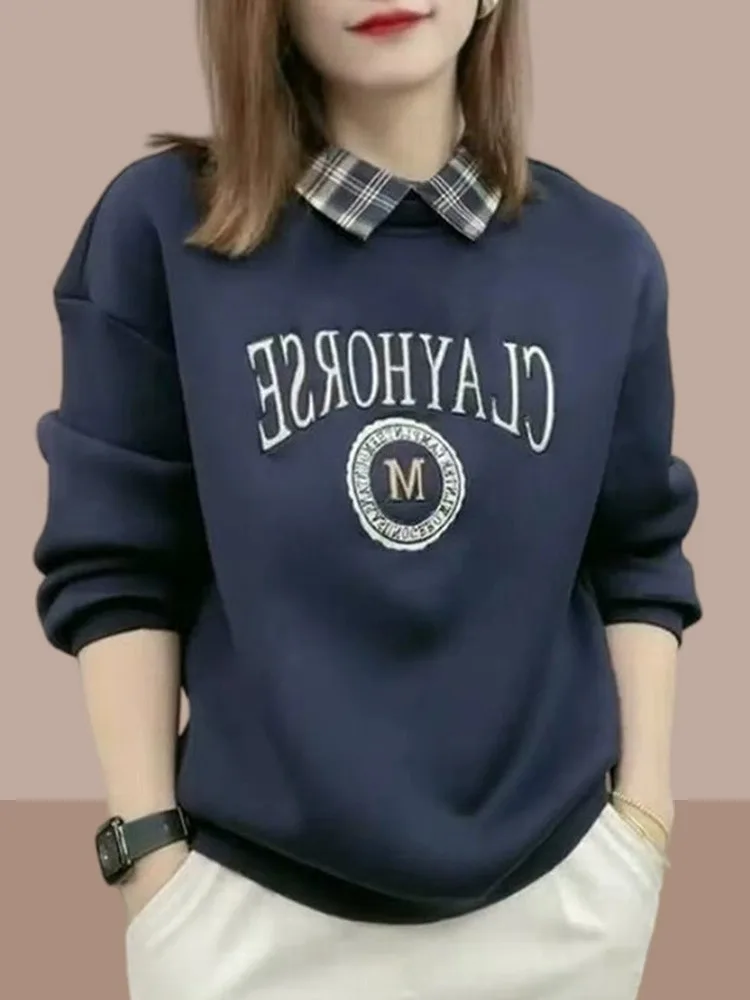 Primavera Autunno New Sle Felpa da donna Colletto irt Sciolto Faionable Anti-età Falso in due pezzi Vestibilità comoda