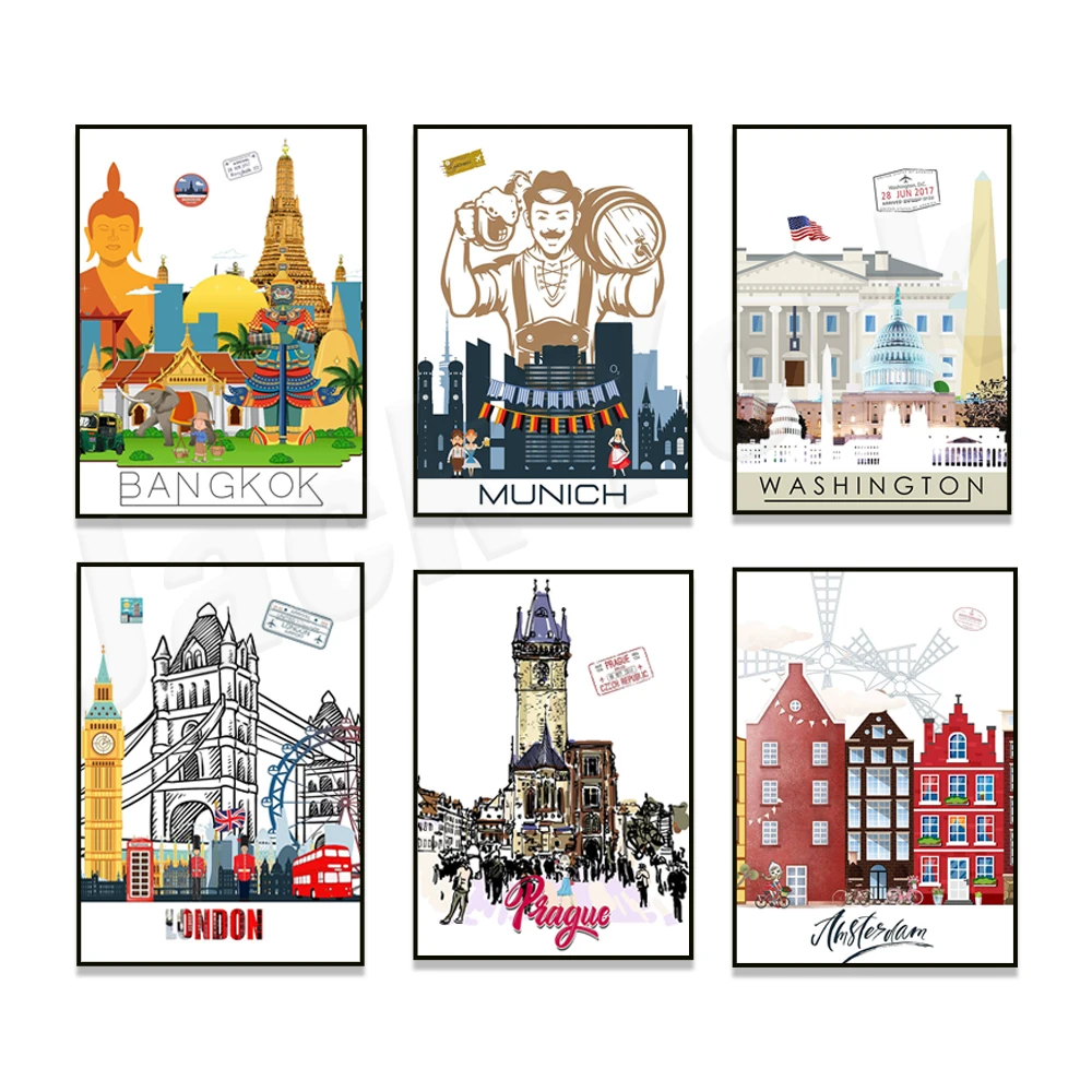 

Prague, Washington DC, Tokyo, Bangkok, Munich, Amsterdam, Brussels, Singapore, Berlin, Sydney, Hong Kong landmarks travel poster