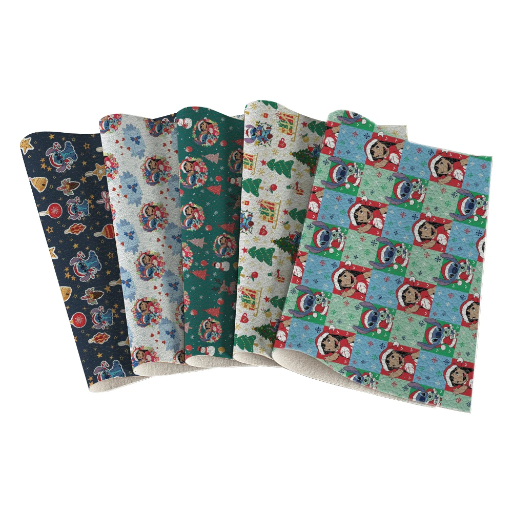 Cute Disney Stitch Cartoon Christmas Theme Custom Synthetic Faux Leather Sheet Lychee Printed 30*136CM