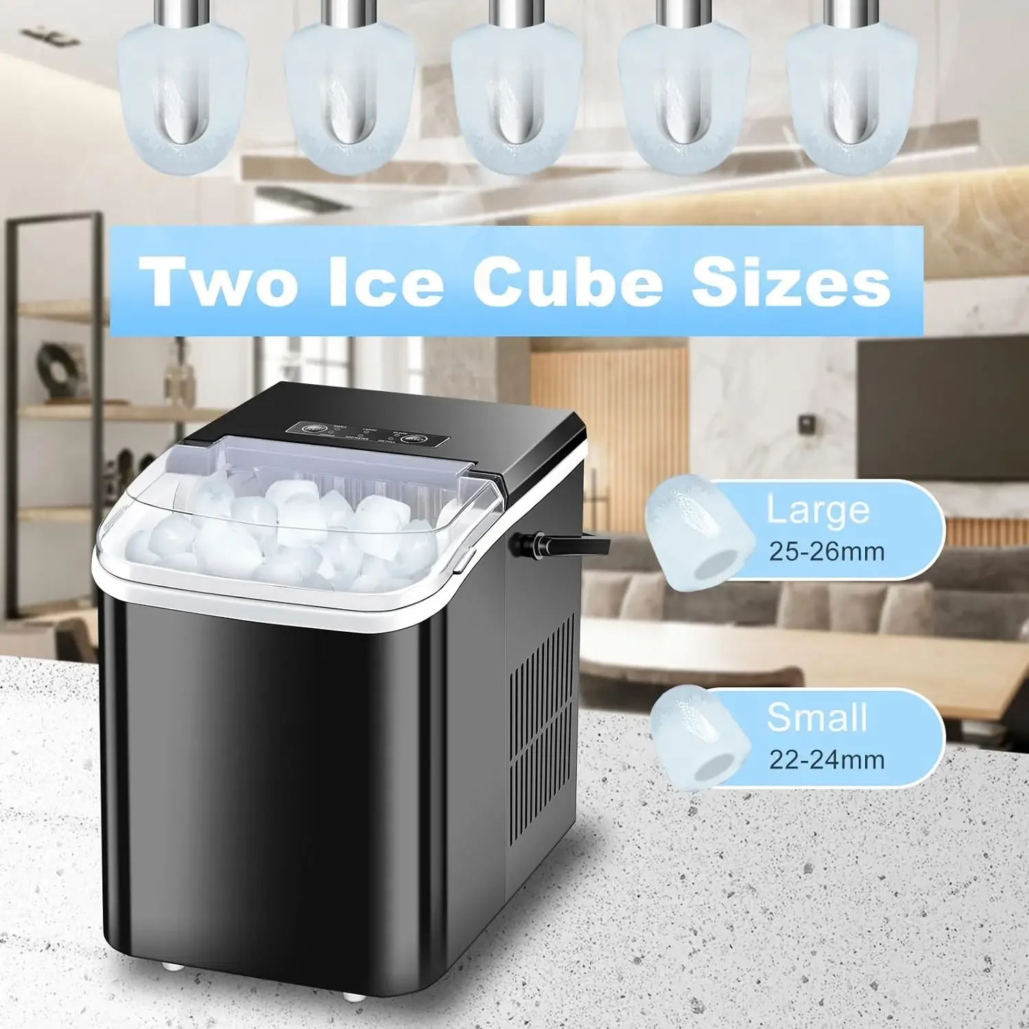 Compact Portable Ice Maker with Carry Handle for Kitchen, Party & Camping - Produces 2 Sizes of Crisp Ice Cubes - Countertop Ice