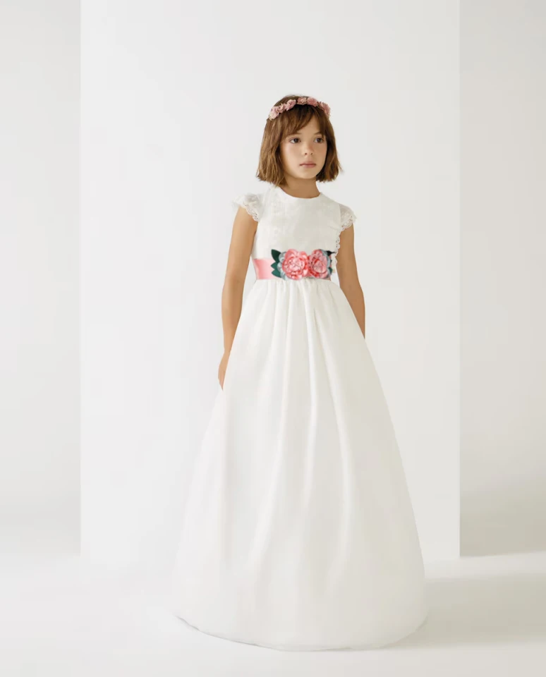 

Элегантное тюлевое платье принцессы с цветочным узором для девочек, свадебное платье, детское праздничное бальное платье, розовый цветочный пояс, случайный кружевной стиль