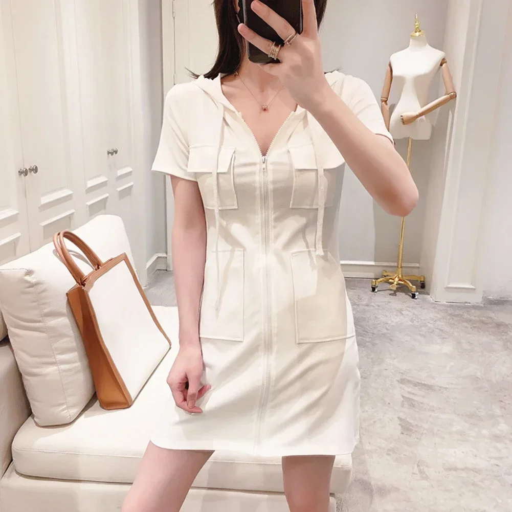 Women's Dress Spring Autumn Thin Solid Color A-Line Zip Drawstring Bodycon Hooded Pockets Fashion Temperament Mini Dresses