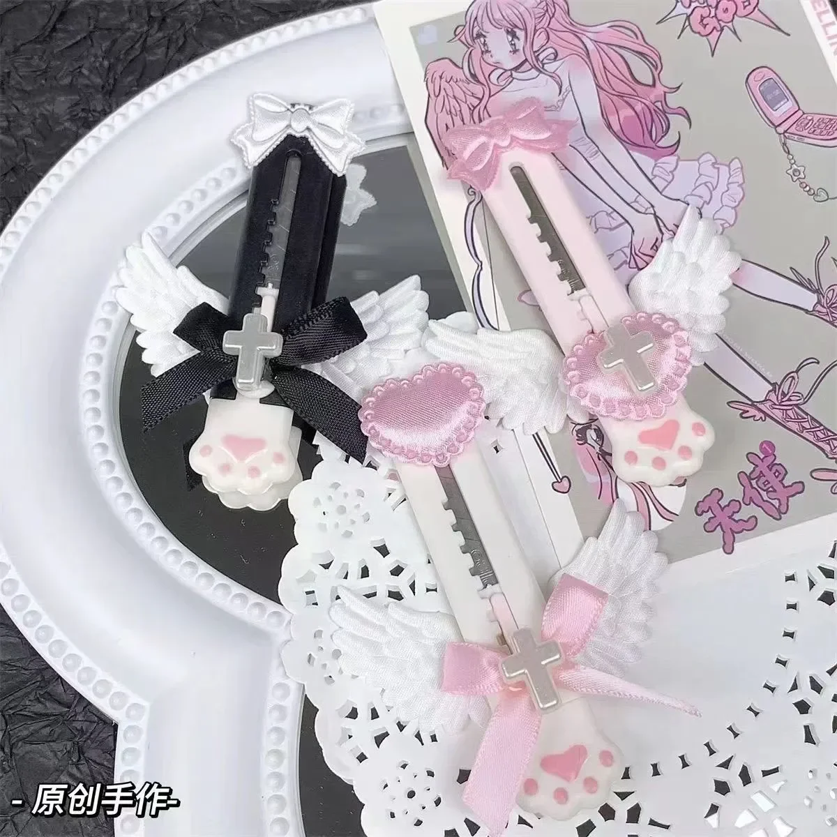 1Pc INS Lovely Girls Bow Angel Wings Utility Knife Mini Kawaii Cat Paw Paper Cutter Express Box Envelope Opener Cute Stationery