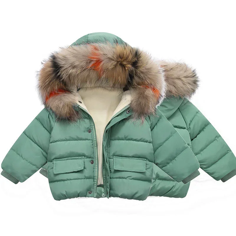 2024 Solid Thicken Girl Boy Baby Clothes Children Warm Outerwear Winter New Children down Jacket Big Fur Collar Coat Kids Winter