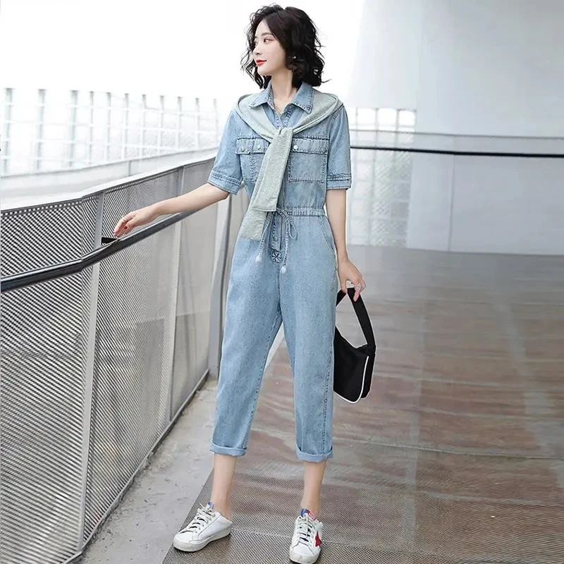 

New Fashion Denim Jumpsuit Suit Women Blue Denim Long Sleeve High Waist Large Size Vintage Casual One Piece Outfit Overalls