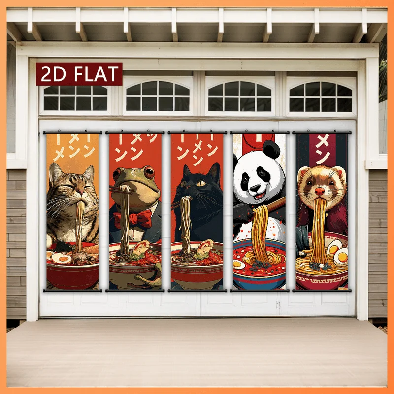 VIKAMA 5 Pcs Japanese Ramen Animals Wall Scroll Tapestry Cat Frog Panda Poster Hanger Vertical Art for Kitchen Bedroom Decor