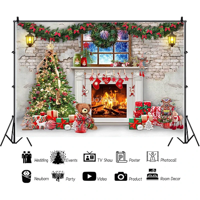 SHUOZHIKE Christmas Tree Window Candy Photography Backdrop Wooden Doors Snowman Cinema Pine New Year Background Prop LPR-05