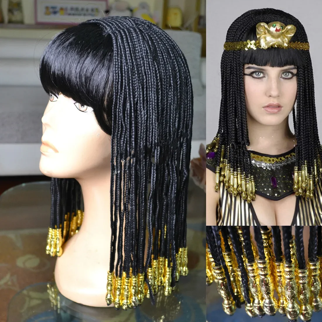 Egyptian Cleopatra Cosplay Wigs Black Braid Headwear Heat Resistant Synthetic Hair Halloween Party Carnival + Free Wig Cap