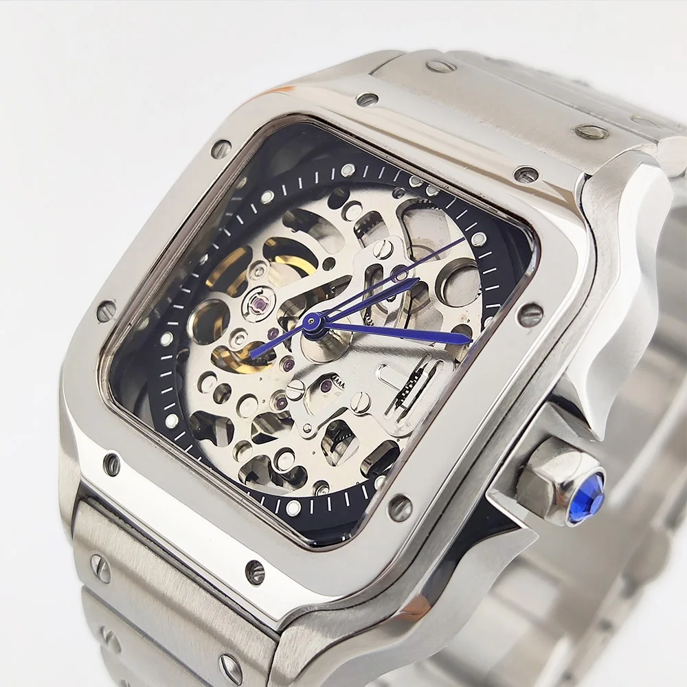 38 ミリメートルファッションメンズ腕時計中空ダイヤルステンレス鋼自動時計 NH70 ムーブメント防水ミネラルガラススクエア NH70 腕時計