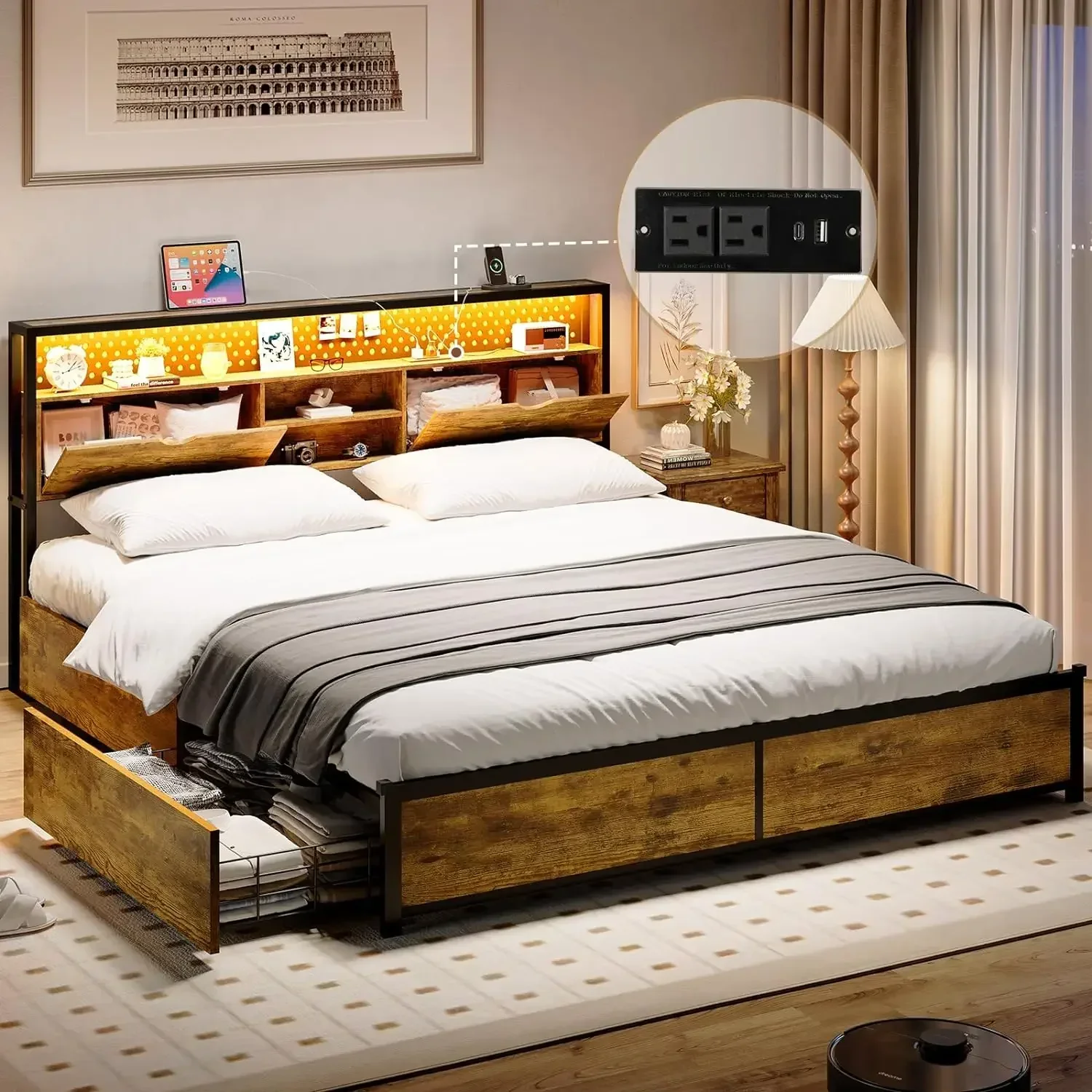 Bed Frame w/ Storage Headboard & Drawers, Metal Platform Bed w/ Charging Station, LED Bed Frame