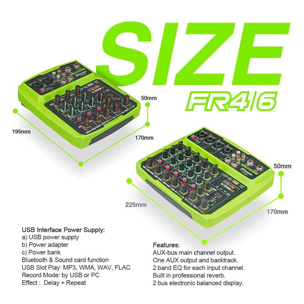 FR6 FR4 DJ Console Mixer de Áudio Com Bluetooth 48V Phantom Power Delay Repaeat Effect Sound Mixing Console USB 4/6 Canais