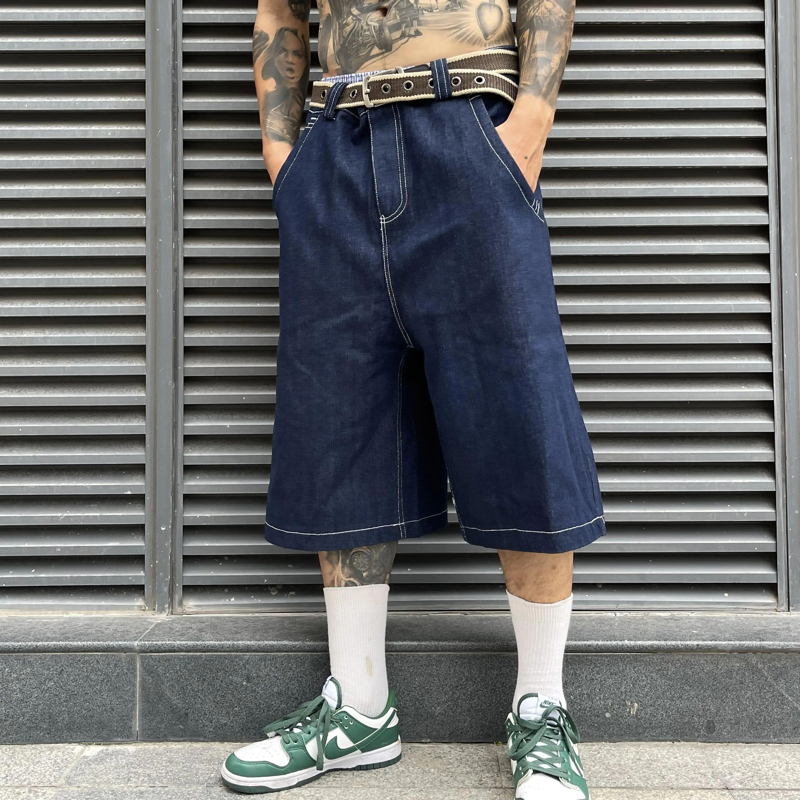 2024 Chicano Street Jeans Solid Summer Hip Hop Loose Straight Leg Wide Leg American West Coast Oversized Shorts streetwear